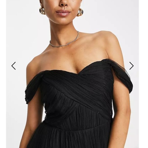 ASOS DESIGN off-shoulder, tulle, midi, tie back, pleated skirt - Black - US 4 - Picture 2 of 4